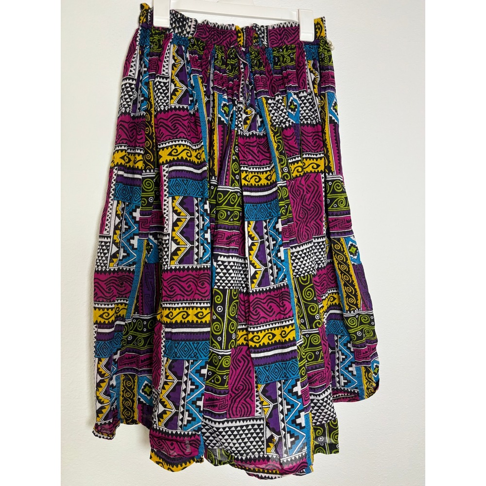 Aspira Vintage Cotton Midi Skirt Geometric Tribal Print Purple Pink‎ Yellow S/M